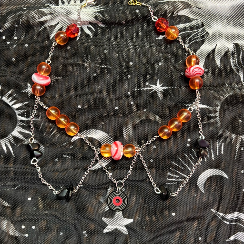 Vibrant Orange and Pink Beaded Necklace with Silver Star Pendant